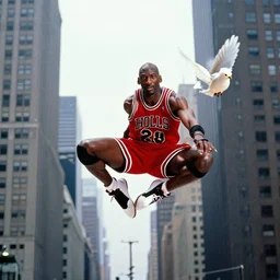 dennis rodman t-posing in the air like jordan. he is flying over the city like a delicate little dove. he looks at the camera with intent to kill the viewer