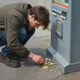 hyper - realism painting, a person looking for coins on the ground to use a machine, amnesiac, frantically searching, looking for credits, tokenized capitalism, focus on oxymoronic dichotomy, you have to pay to play, detailed texture