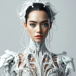 fashion portrait of lady supermodel from future, extremely detailed, by iris van herpen, inflateble shapes, rent gucci dress, wires, tubes, veins, white biomechanical details, epic bionic fabric, masterpiece, intricate, biopunk, vogue, highly detailed, artstation, concept art, cyberpunk, octane render, cell shading