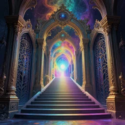staircase towards a fractal entrance into another universe, majestic occult gates, magical weird, strange fantastic, surreal cyberpunk, by gertrude abercrombie, digital art, artstation, rainbow colors