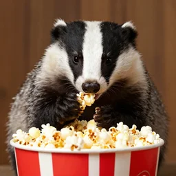 badger eating delicious perfectly prepared popcorn, professional photography