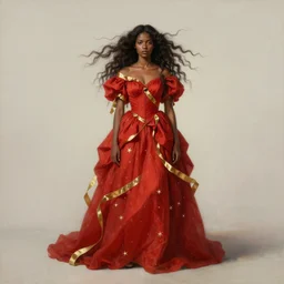 a brown skinned queen with long dark curly hair and a red dress, windy, golden ribbons, stars, stoic, modern, shes alone, maximalist fashion dress, hyperdetailed, dramatic, epic painting, painted by jean honore fragonard and greg rutkowski, full body, octane render, sharpness, 8 k, golden ratio
