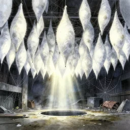 anime movie scene, mamoru oshii, otomo, ultra wide, vanishing point, large white silk cocoons hang from ceiling, watercolor, spiderwebs, arachnophobia, dripping, sewer pipe entrance, sun beam, spider legs, dusty volumetric light, back lit, paper texture, spider nest, deserted shinjuku junk, brutalist, golden ratio