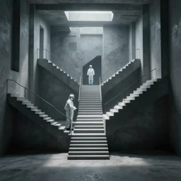 underground warehouse, stairs to the surface, MC Escher style architecture, sterile, staff wearing hazmat suits, unknown location, light and shadows, light refraction, 4k, cinematic, unreal engine, concept art
