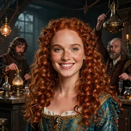 curly haired, jan matejko, colorful, redhead natalie portman as a ( ( ( cheerful ) ) ), young, and j. dickenson, fantasy concept art by jakub rozalski, freckled, law contrasts, ( low key light ), clumsy medieval alchemist in a alchemy lab!!. dark shadows