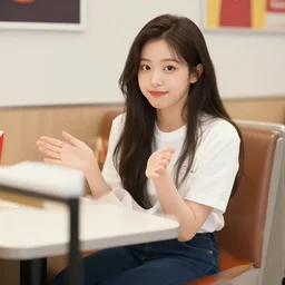 nayeon sitting at a booth in mcdonald's inviting you to sit down, illustrated, high quality by artgerm