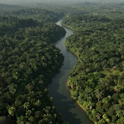 high altitude aerial view of a long sinuous river going through a tropical forest, parallel realities, 3 d photorealistic octane render, 8 k, sharp focus, dramatic lighting, ambient lighting, surrealist renaissance painting, by michael kutsche, by artgerm and tim burton