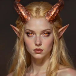 A head-on detailed oil fantasy portrait of a pretty elf woman with subtle copper horns on her forehead, long blonde hair and bright copper irises, by greg rutkowski, trending on artstation, dungeon and dragons art