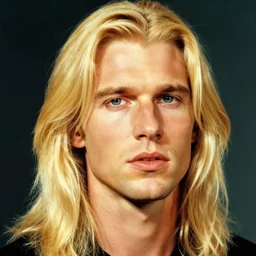a realistic portrait of a blonde man, chiseled jawline, big lips, long hair, vibrant color, edward hopper, trending on artstation