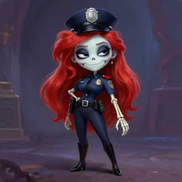 cute & beautiful smug smiling undead skeleton girl with very attractive face and red hair dressed as a metrocop, elegant, digital art, fullbody painting, fantasy, pixar style, painting, pin up, highly detailed, artstation, art by artgerm, vrubel, greg rutkowski, ilya kuvshinov, raymond swanland