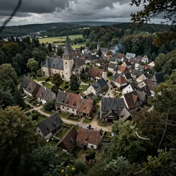 hunted medieval town on the edge of dark forest, werewolf attack on villagers, hd, above view, fisheye lense