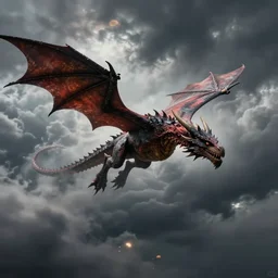 epic cinematic shot of dragon flying through stormy clouds