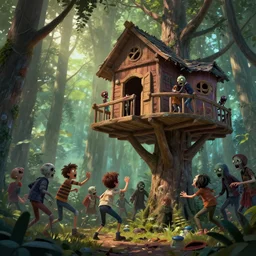 kids fight off a zombie hoard from their treehouse in the Forest, Greg Rutkowski, ArtStation, CGSociety, Unreal Engine