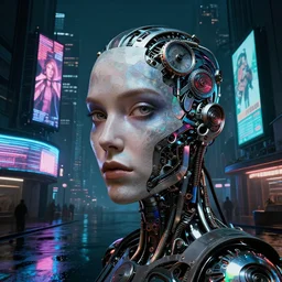 detailed face of a clockwork woman, moment, cyberpunk cloisters, electronic billboards, tech noir, wet reflections, prism, atmospheric, ambient, pj crook, syd mead, livia prima, greg rutkowski, edward hopper