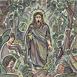 God angry in the Garden of Eden. Eve and Adam look guilty