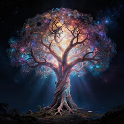 parhelion tales of time and infinite cosmic dreams at the tree of life in the centre of the universe, volumetric lighting high contrasts dream engine 8 k render artist leonardo davinci