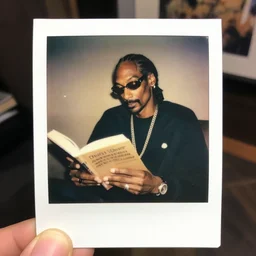 1980s Polaroid photo-journalism flash photograph of Snoop Dogg reading a book, portrait, natural light, shallow depth of field