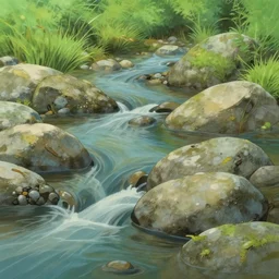 close shot of creek with rocks and pebbles, studio ghibli background art