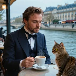mcgregor is dressed as a gentleman at early 2 0 th century paris. he is having a coffee at the banks of river seine. ewan mcgregor has a coffee cup on his hand. next to him is a small brown cat with yellow glowing eyes. blueish tint