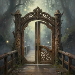 large rustic intricately decorated wood gate leading to an old wood bridge, a view to an eerie fantasy world, glowing orbs, ethereal back light, mist, coherent composition, detailed fantasy painting by artgerm, noriyoshi ohrai, yuumei