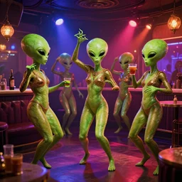 young aliens in a fancy vintage nightclub dancing and drinking, partylights, great colors, by esao andrews, trending on artstation