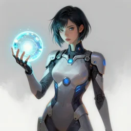 a woman in a futuristic suit holding a glowing ball, a character portrait by Bernardino Mei, deviantart contest winner, digital art, digital painting, speedpainting, futuristic