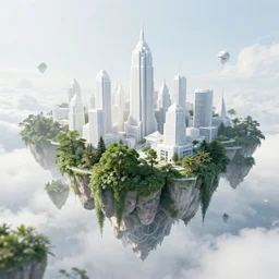 white futuristic city with floating forest islands