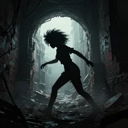 a dynamic long shot portrait of the silhouette of a black girl with an afro sneaking through a post apocalyptic alley with a portal, by simon stalenhag, dark and ominous, digital illustration, behance, rendered in unreal engine 5, rim lighting, ray tracing, 8 k, hd