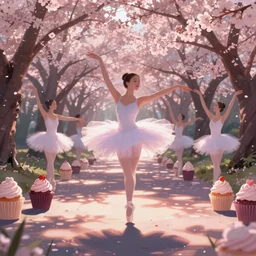 ballerinas that are cupcakes dancing in a sakura park, full shot, ambient lighting, illustration, digital art,