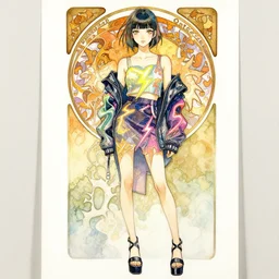a watercolor portrait illustration by sui ishida and alphons mucha of a bishoujo highly detailed anime eyes wearing neon one - armed jacket and skirt with a lightning print top, platform heels. by issey miyake and balenciaga 8 k