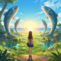 anime girl facing towards an enchanted isekai sunset on the savanna with an ocean in the background. giant catfish statues on each side, a lush oasis, anime aesthetic, bright blue and cyan sky. by greg rutkowski