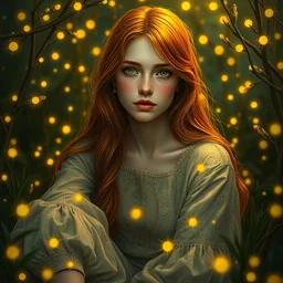 a totally enchanted young woman surrounded by golden firefly lights in a mesmerizing scene, sitting amidst nature fully covered, intricate detailed dress, long loose red hair, precise linework, accurate green eyes, small nose with freckles, smooth oval head, expressive emotions, hyper realistic ultrafine portrait by artemisia gentileschi, jessica rossier, artgerm