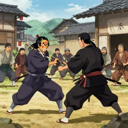 A samurai fights a demon while the village peasants watch in horror
