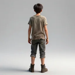 male teen wearing tattered clothes with his back to the viewer, full body shot, 3 d render, 8 k, isolated, - h 7 0 4 - n 4