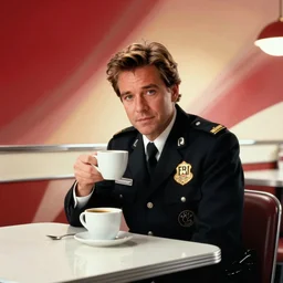 kyle maclachlan as dale cooper in twin peaks, happy fbi agent with coffee in a diner, by atey ghailan, by greg rutkowski, by greg tocchini, by james gilleard, by joe fenton, by kaethe butcher, by ive freya, by ashley wood, dynamic lighting, gradient red, black, blonde cream and white color scheme, 5 0 s aesthetic