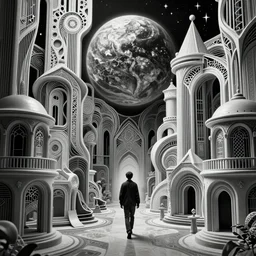 of a highly insane details of a photo of abstract architecture mixing between real and fake worlds, black and white color, walking towards planet earth in background, art nouveau, futuristic background, heavily detailed, intricate artwork by tooth wu, high contrast, sharp focus, blender, depth of field, aperture, 8 0 k,