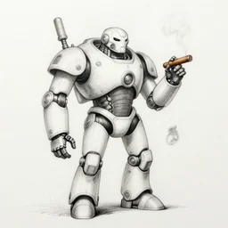 drawing, scribble, sketch of a robot sci - fi war lord smoking cigar