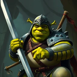 shrek wearing ninja armor, giant sword, digital painting masterpiece by rembrandt and mœbius and thomas kinkade and frank frazetta, 4 k wallpaper, comic book art