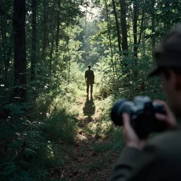 a shadow man standing in the distance inside of a forest, taken on a ww2 camera.