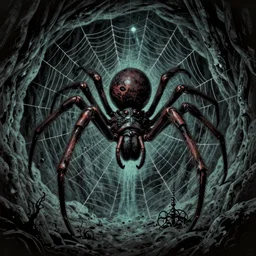 atlach - nacha, giant spider creature, spider web, a deep cave entrance, dreamland, arkham horror, terrific, insane, drider, hubris, creepy dungeon, lovecraft illustration, particles, by asher brown durand, by yoshitaka amano