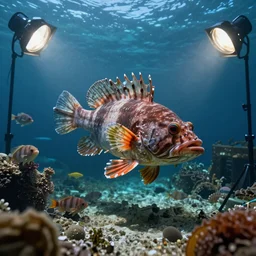 underwater enviroment with Lophiiformes creatures, unreal 5, hyperrealistic, realistic, photorealistic, dynamic lighting, highly detailed, cinematic landscape, studio landscape, studio lighting