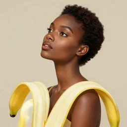 the portrait of an absurdly beautiful, graceful, elegant young black woman made of bananas and petals looking up, an ultrafine detailed illustration by kim jung gi, irakli nadar, intricate linework, bright colors, octopath traveler, final fantasy, angular, unreal engine 5 highly rendered, global illumination, radiant light, detailed and intricate environment