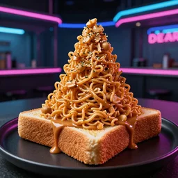 peanut butter toast with indomie mi goreng noodles sandwich tower, wide angle lense, cyberpunk bar food, dark neon glow, photo realistic, gourmet