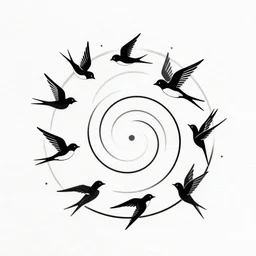 a beautiful tattoo design of minimalist flying swallows, flying into geometric spirals, black ink, abstract logo, line art