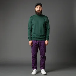 a young man with a chin - style dark brown beard without mustache in a dark black cap, green turtleneck, purple pants and white sneakers in full height, perfect face