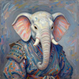 a magical fantastic samurai with a elephant mask by jeremy lipkin, by claude monet, made with millions of stroke, japanese inspiration, wonderful details, crazy colors 1 0 %, pale sober colors 9 0 %