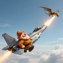 a dwarf in a fighter jet firing a sidewinder missile at a dragon