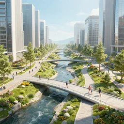 an optimistic futuristic pedestrian city with landscaped streams, idyllic crossing bridges, by gediminas pranckevicius