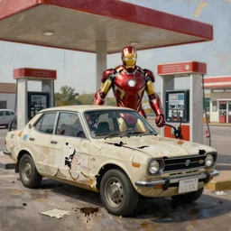 iron man filling up his damaged datsun at a desolate gas station, intricate, detailed, torn paper decollage, oil on canvas by edward hopper, ( by mattias adolfsson ), by moebius