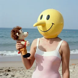 1976 woman wearing a smiley prosthetic mask with long snout nose and nostril, soft color wearing a swimsuit at the beach 1976 holding a hand puppet color film 16mm Almodovar John Waters Russ Meyer Doris Wishman old photo